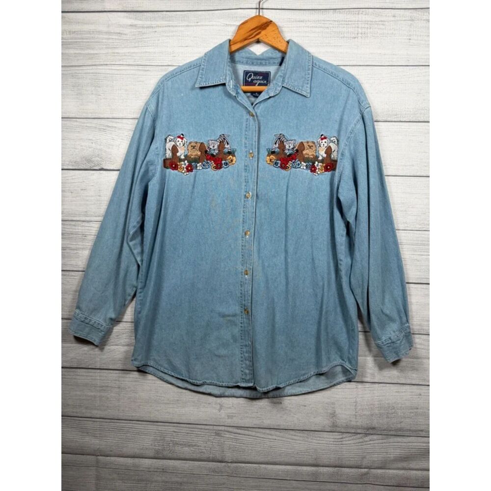 Vintage Quizz Again Women's M Denim Cat Floral Embroidered Shirt 4373